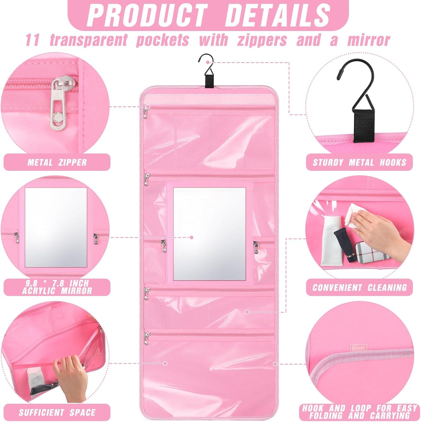 Hanging Toiletry Bag with Mirror for Women Hanging Mirror for Dance Bags Travel Large Foldable Dance Bag Organizer Storage Waterproof Cosmetic Case Accessories for Bathroom