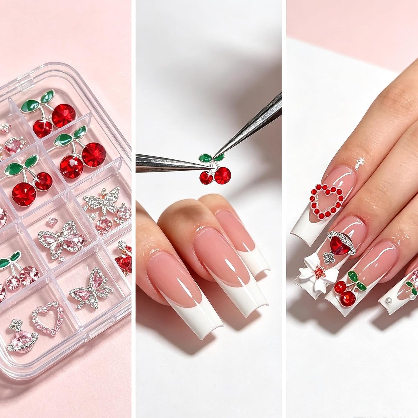 45 Pcs Cherry Nail Charms Rhinestone Red Pink Cherries Nail Art Gems Star Heart Planet Pearl Nail Jewelry Decorations Saturn Shape Acrylic Nail Accessories for Women Girl DIY Crafts Supplies B