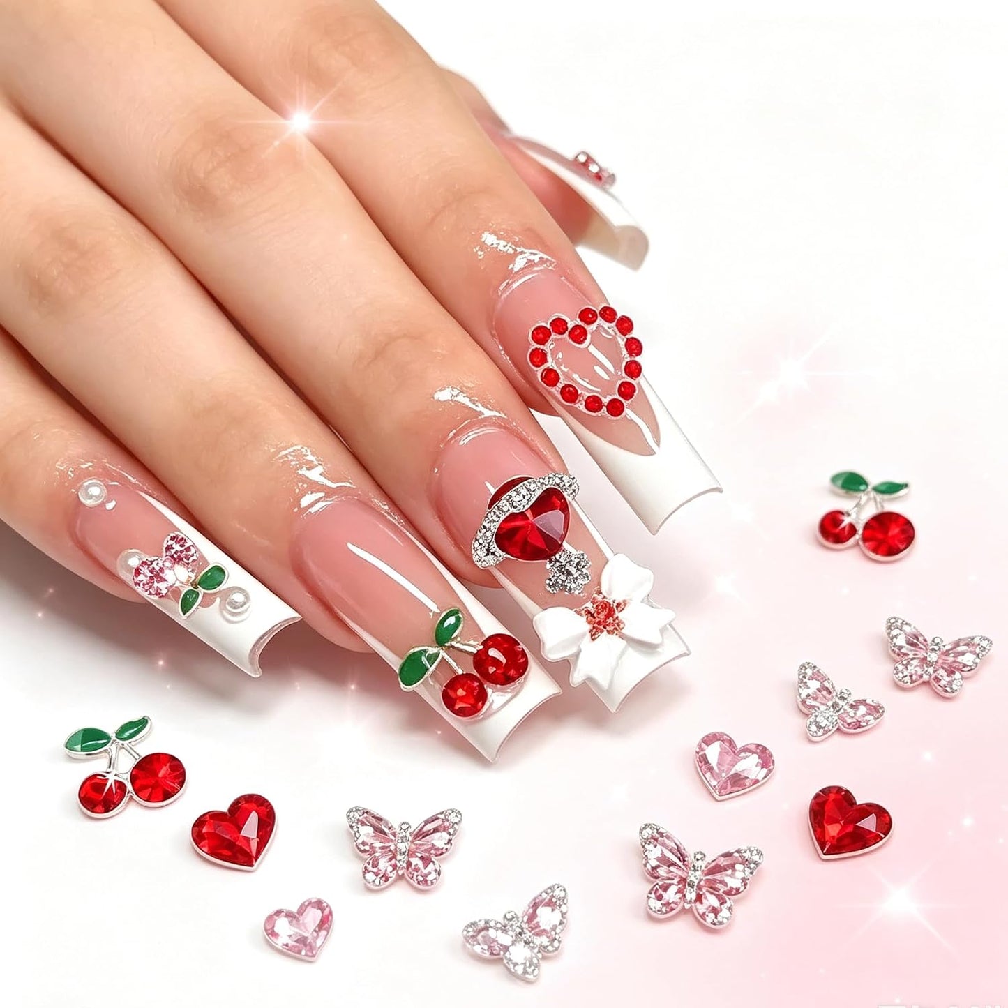 45 Pcs Cherry Nail Charms Rhinestone Red Pink Cherries Nail Art Gems Star Heart Planet Pearl Nail Jewelry Decorations Saturn Shape Acrylic Nail Accessories for Women Girl DIY Crafts Supplies B