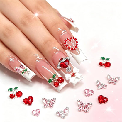 45 Pcs Cherry Nail Charms Rhinestone Red Pink Cherries Nail Art Gems Star Heart Planet Pearl Nail Jewelry Decorations Saturn Shape Acrylic Nail Accessories for Women Girl DIY Crafts Supplies B