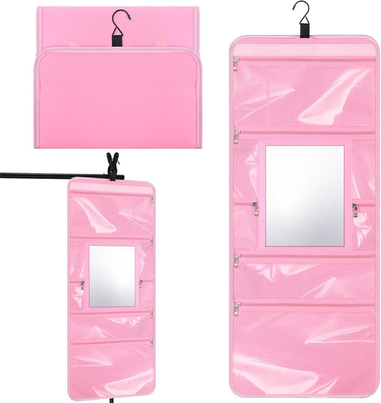 Hanging Toiletry Bag with Mirror for Women Hanging Mirror for Dance Bags Travel Large Foldable Dance Bag Organizer Storage Waterproof Cosmetic Case Accessories for Bathroom