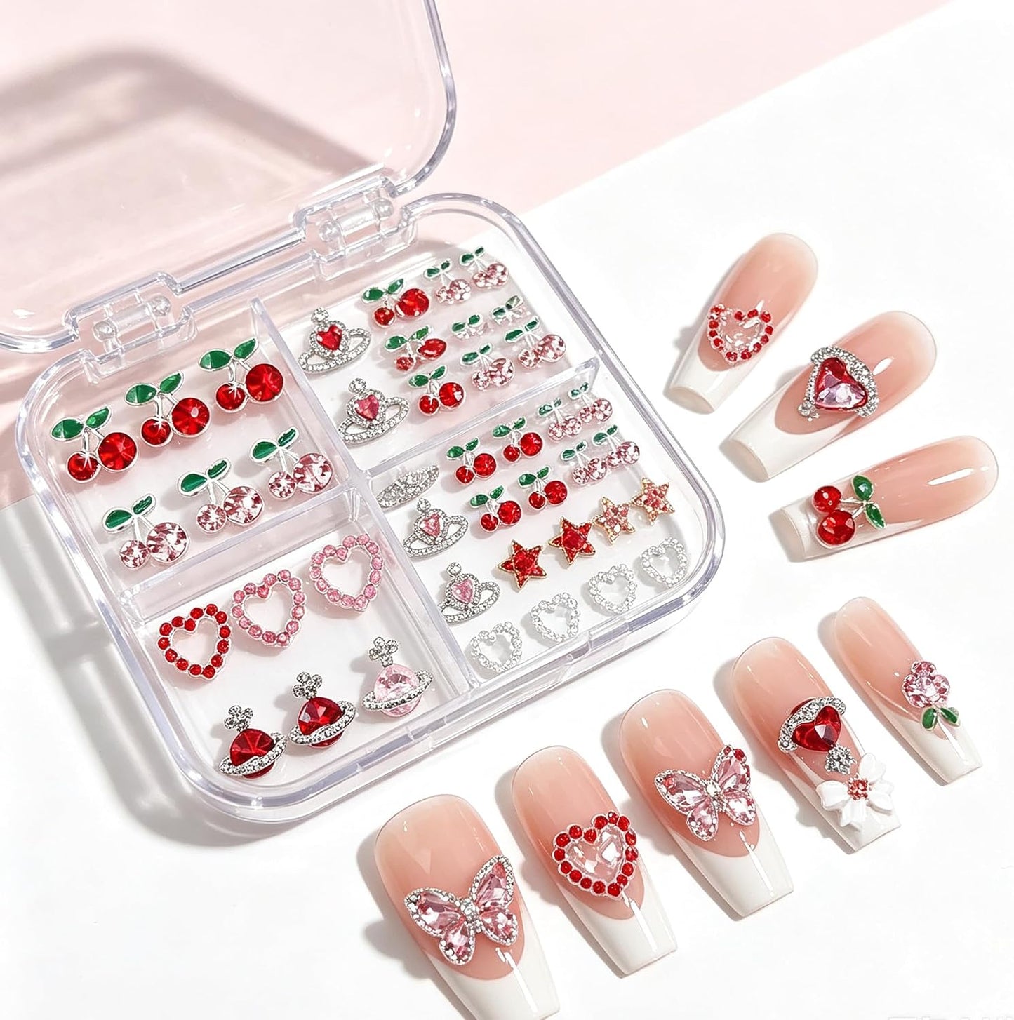 45 Pcs Cherry Nail Charms Rhinestone Red Pink Cherries Nail Art Gems Star Heart Planet Pearl Nail Jewelry Decorations Saturn Shape Acrylic Nail Accessories for Women Girl DIY Crafts Supplies B