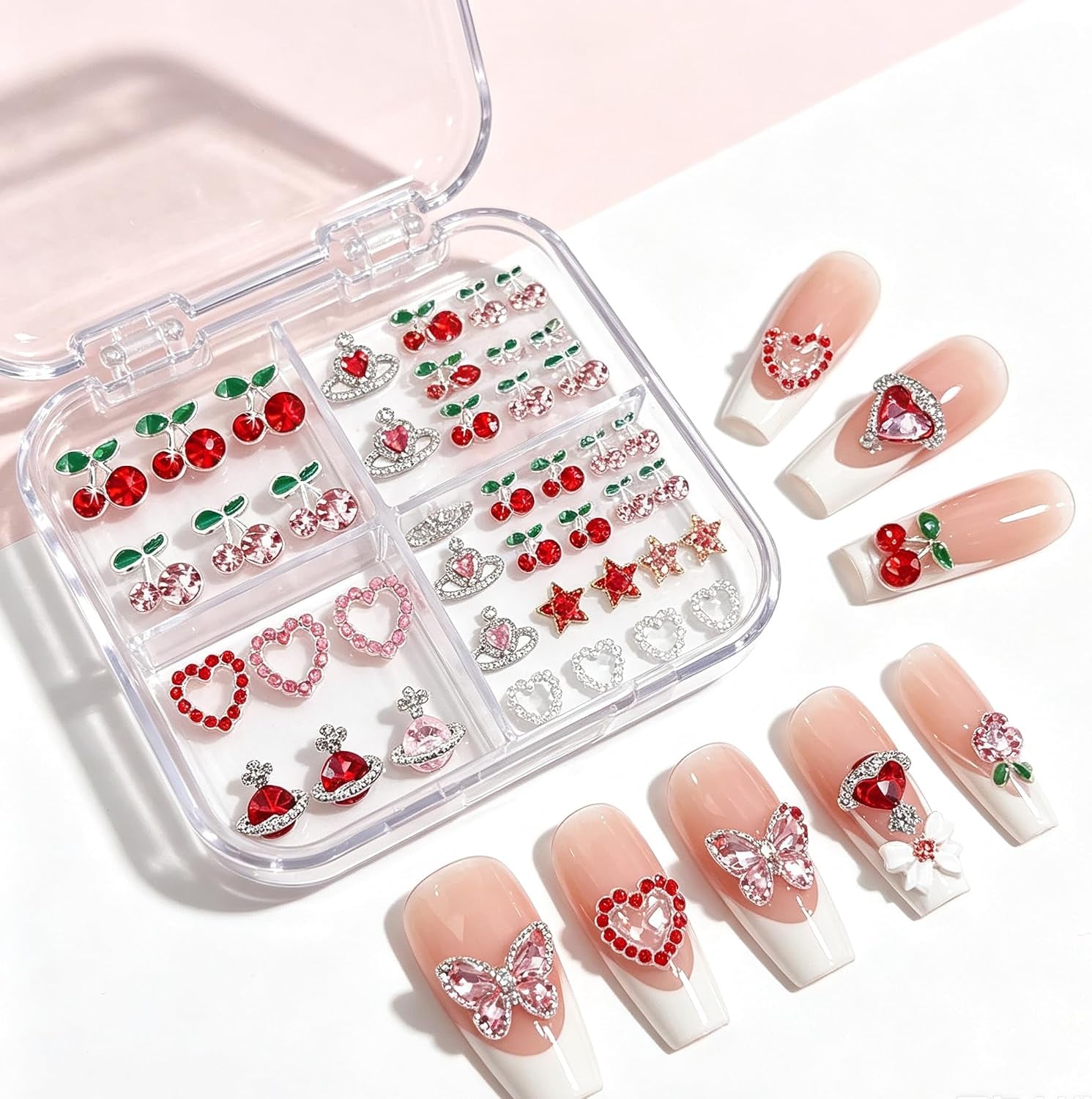 45 Pcs Cherry Nail Charms Rhinestone Red Pink Cherries Nail Art Gems Star Heart Planet Pearl Nail Jewelry Decorations Saturn Shape Acrylic Nail Accessories for Women Girl DIY Crafts Supplies B
