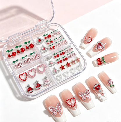 45 Pcs Cherry Nail Charms Rhinestone Red Pink Cherries Nail Art Gems Star Heart Planet Pearl Nail Jewelry Decorations Saturn Shape Acrylic Nail Accessories for Women Girl DIY Crafts Supplies B